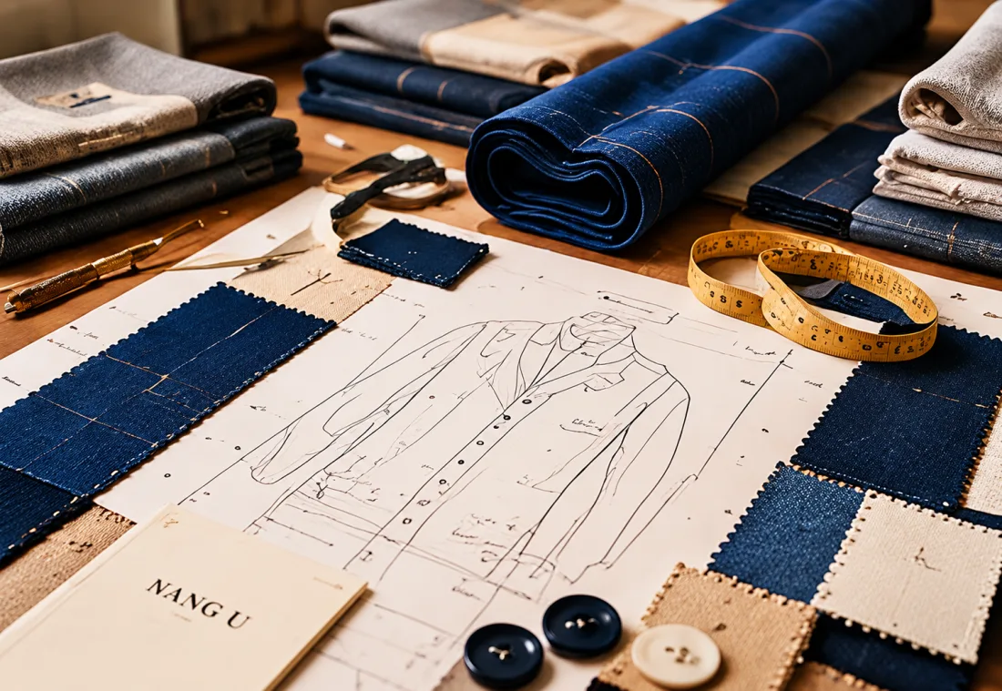 A hand-drawn garment sketch surrounded by denim swatches, buttons and a NANG U tag on the design table