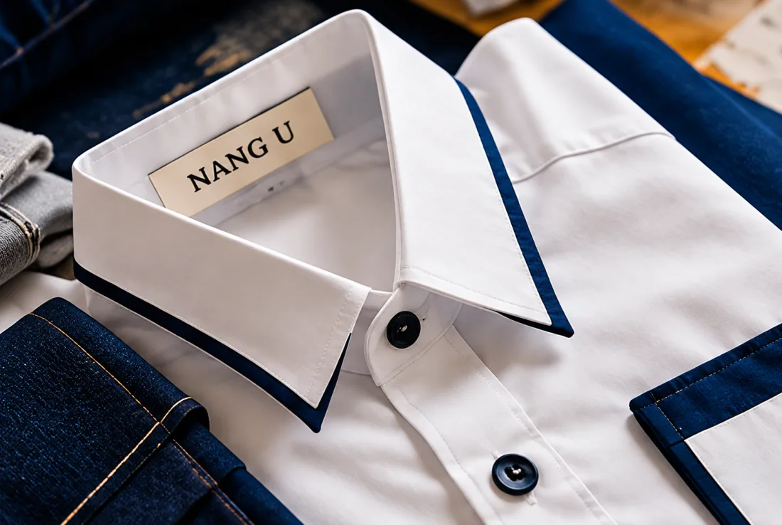 Close-up of a white shirt collar with a NANG U label and contrast navy trim