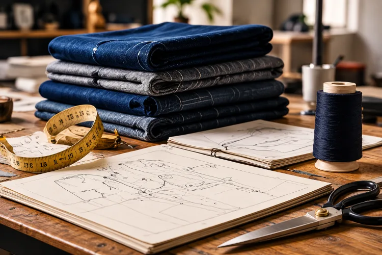 A stack of folded denim swatches beside an open sketchbook, measuring tape and scissors