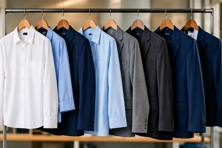 Shirts and blazers in white, blue and grey on a rack, NANG U-manufactured