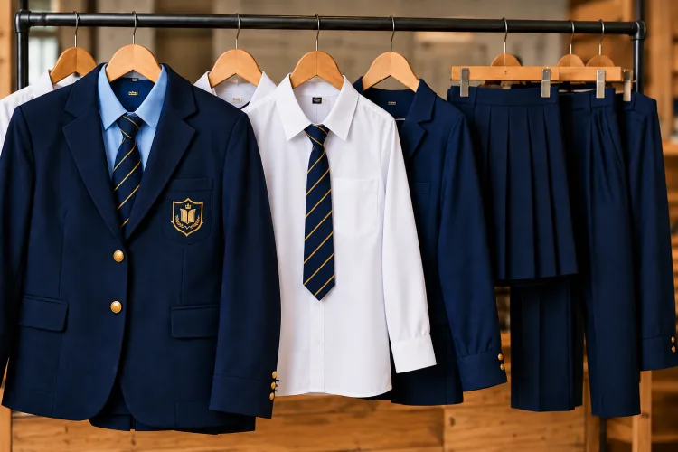 Navy school blazers, shirts and ties on a rack, NANG U-manufactured
