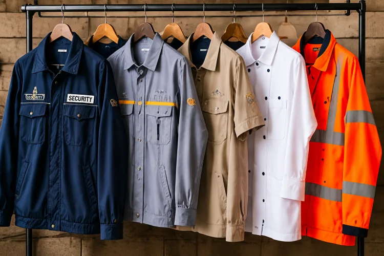 Security, utility and hi-vis workwear jackets on a rack, NANG U-manufactured